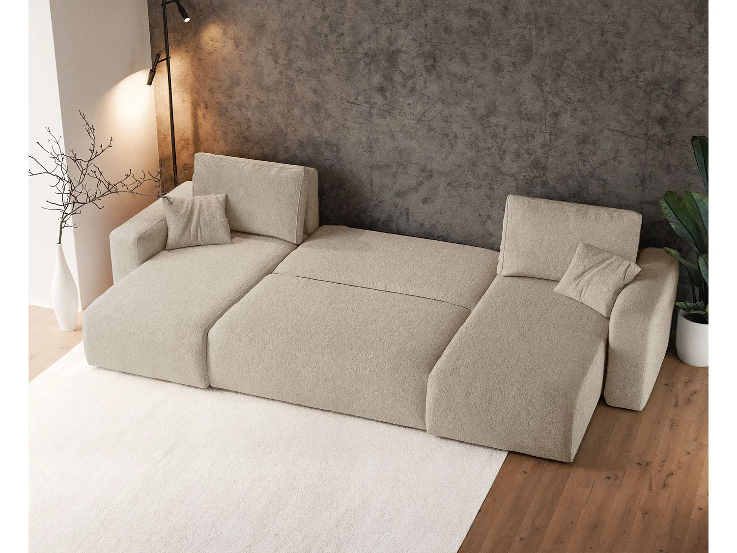 Canapé d'angle U convertible - en boucle beige clair - PIANONI