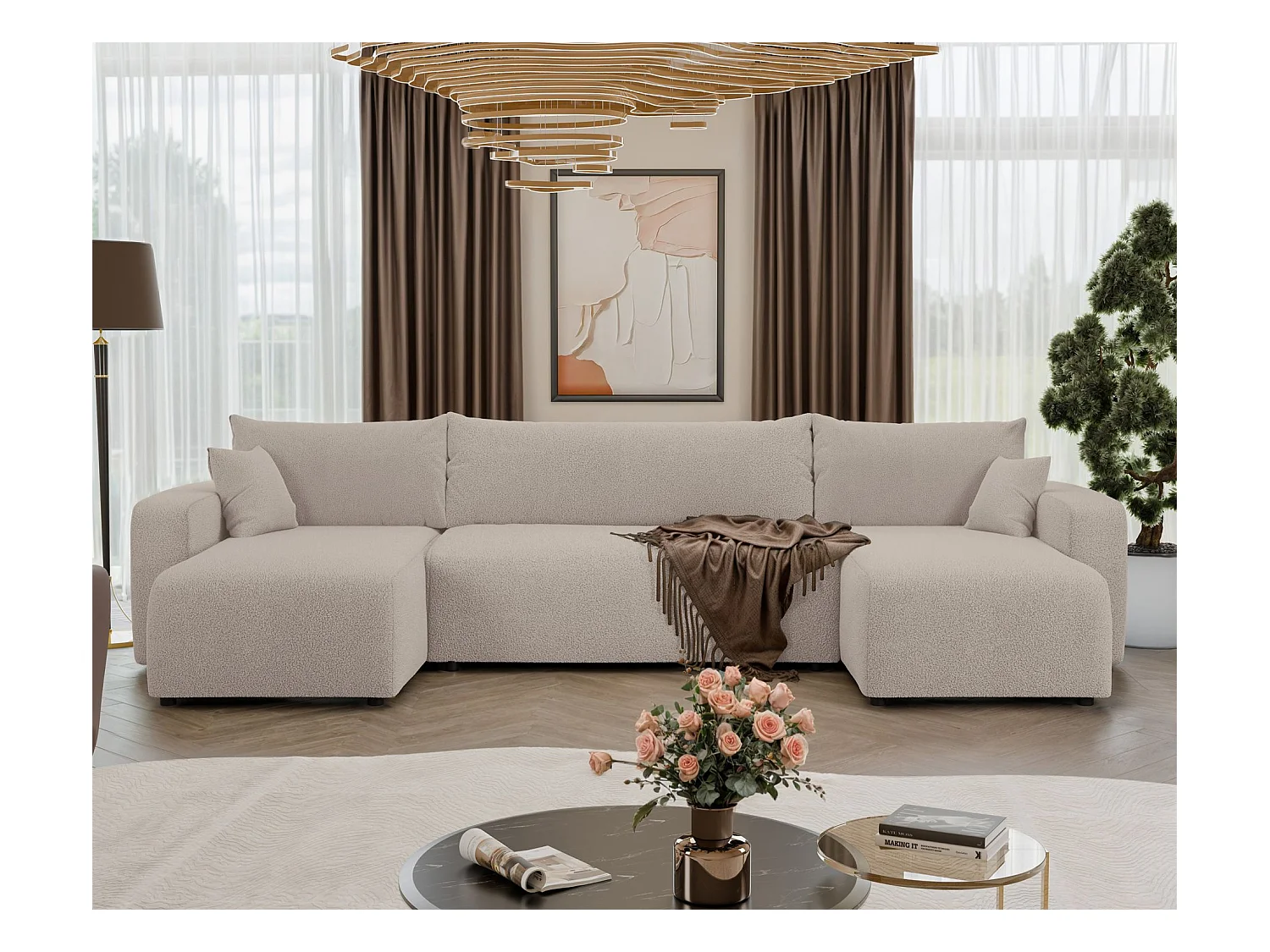 Canapé d'angle U convertible - en boucle beige clair - PIANONI