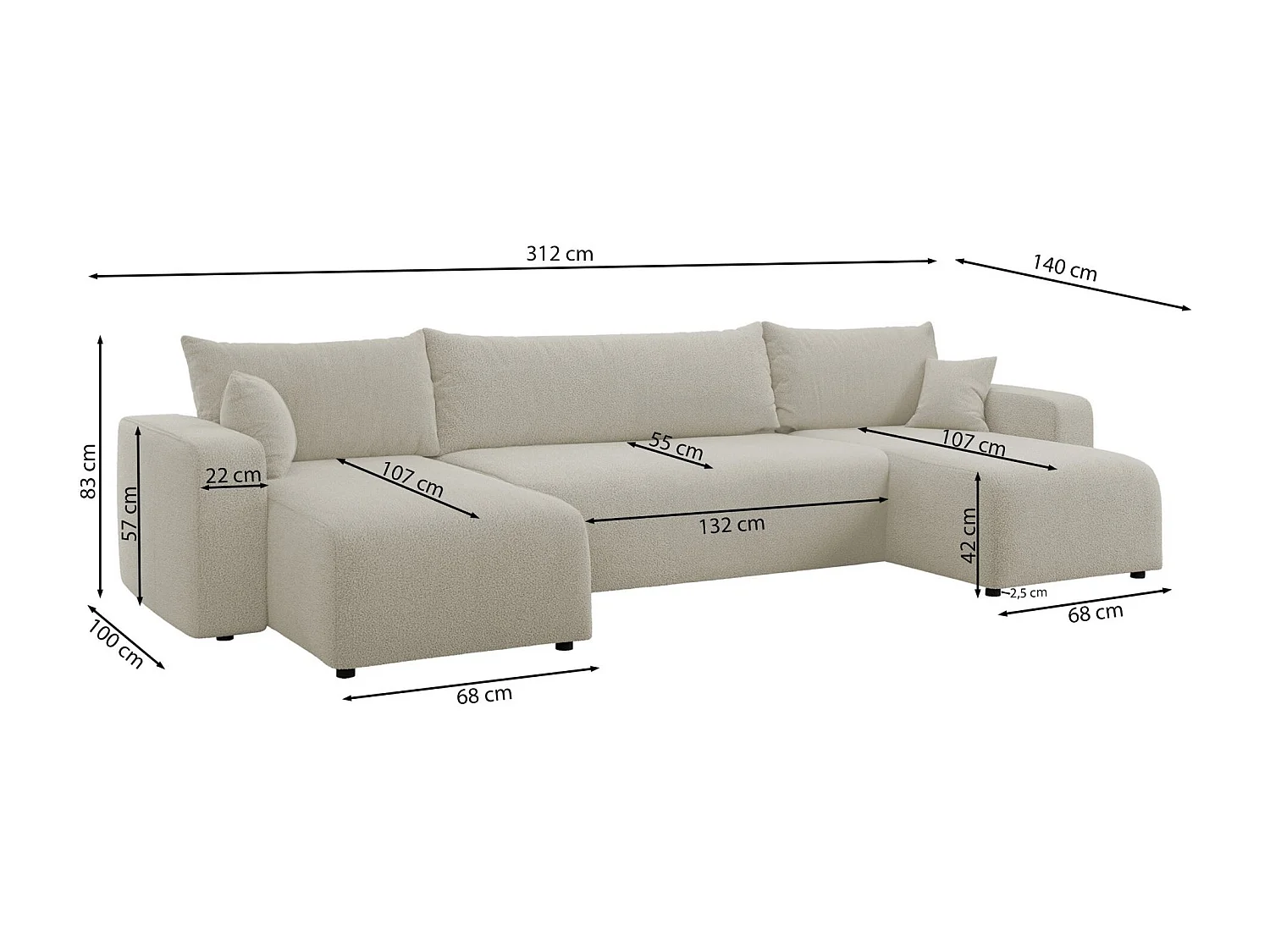 Omvormbare U-vormige hoekbank - lichtbeige boucle - PIANONI