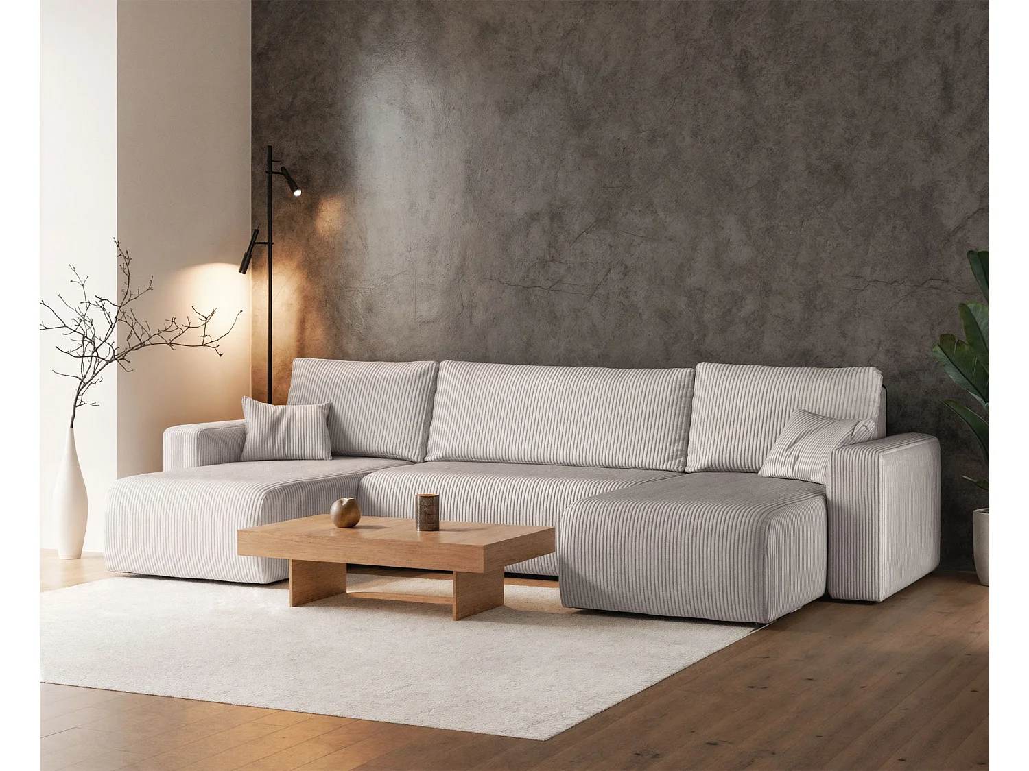 Canapé d'angle U convertible - en velours côtelé beige clair - PIANONI