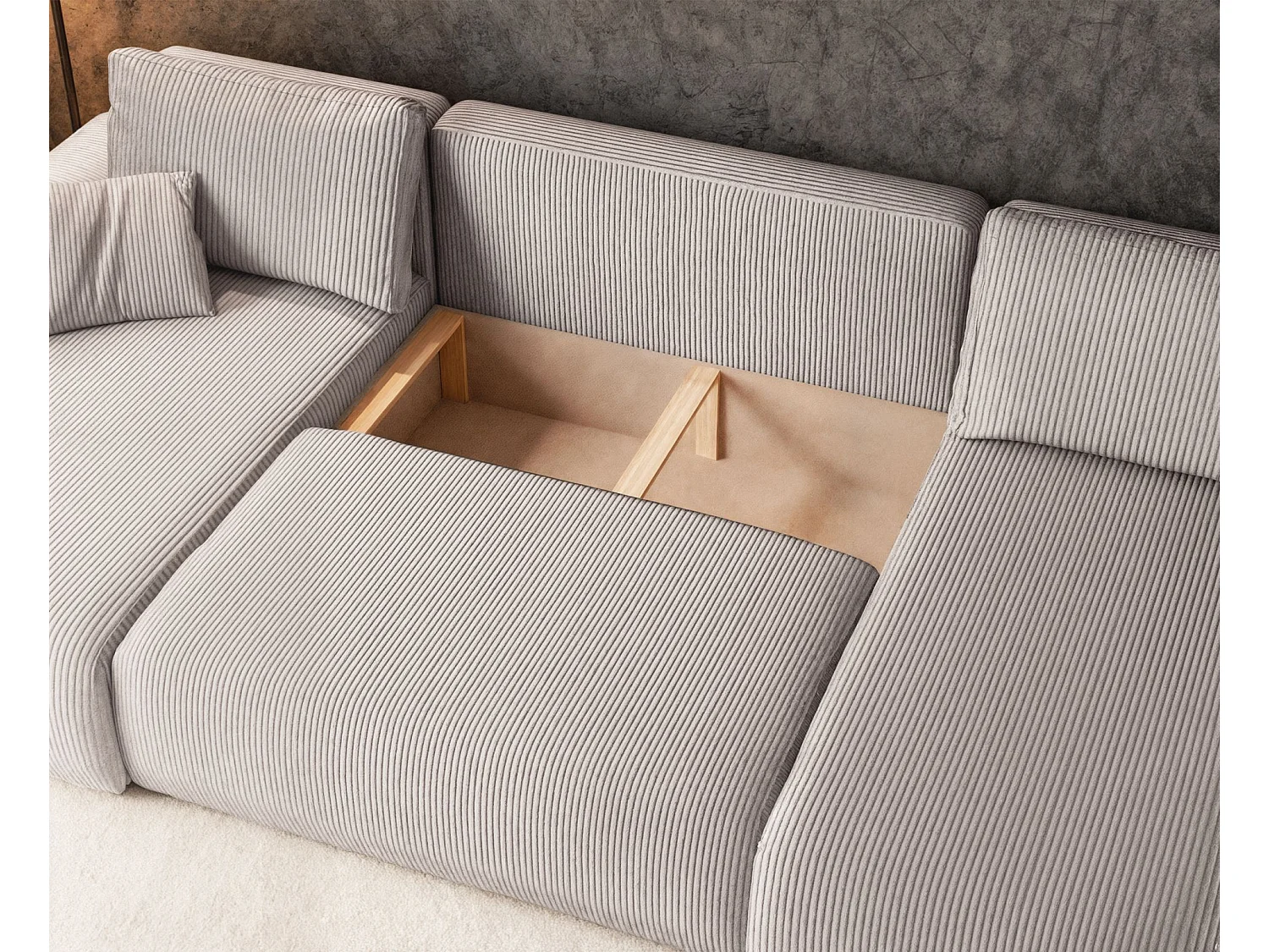 Canapé d'angle U convertible - en velours côtelé beige clair - PIANONI