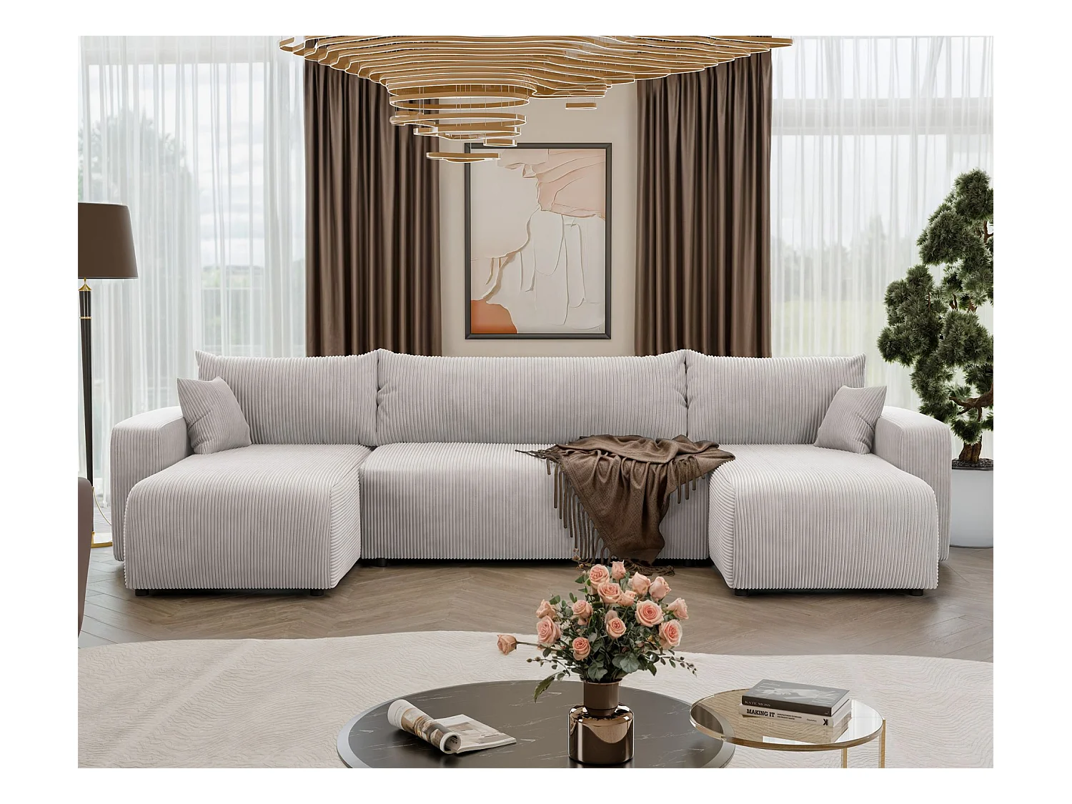 Canapé d'angle U convertible - en velours côtelé beige clair - PIANONO