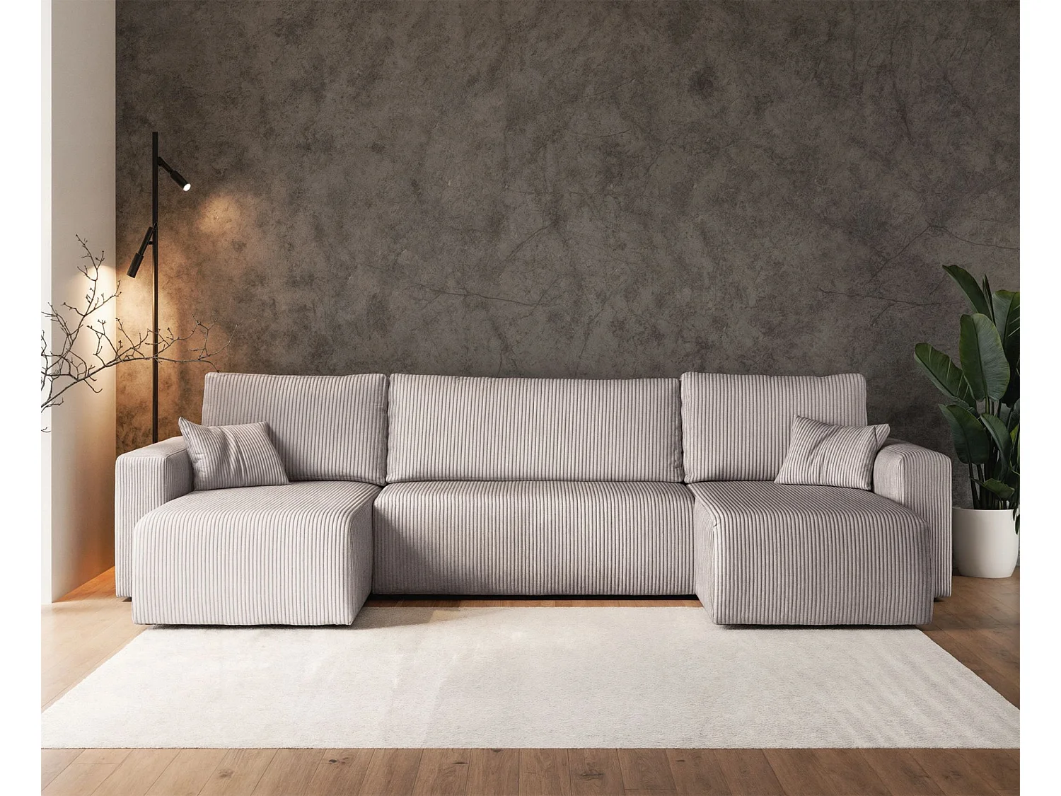 Canapé d'angle U convertible - en velours côtelé beige clair - PIANONI