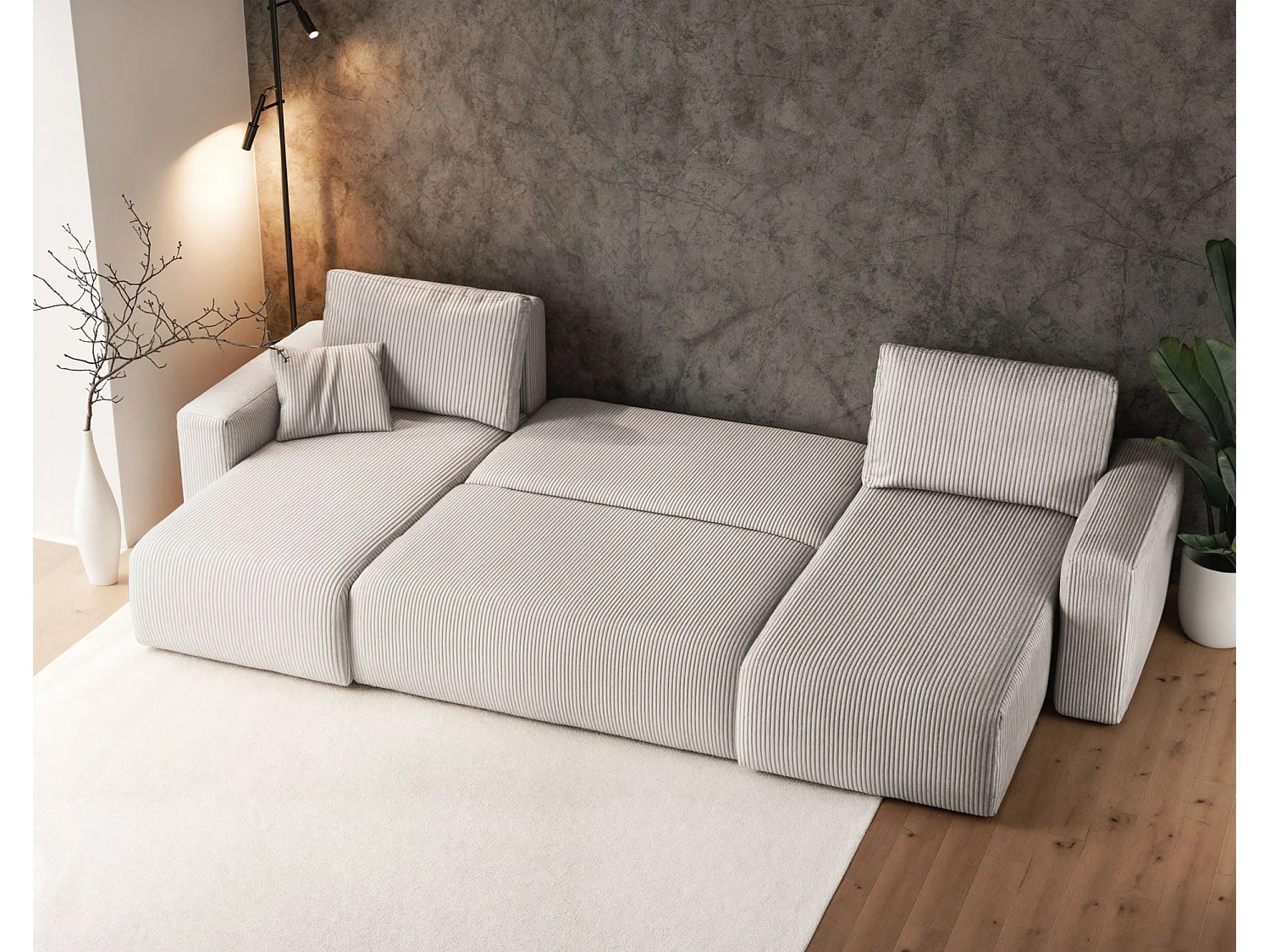 Canapé d'angle U convertible - en velours côtelé beige clair - PIANONI