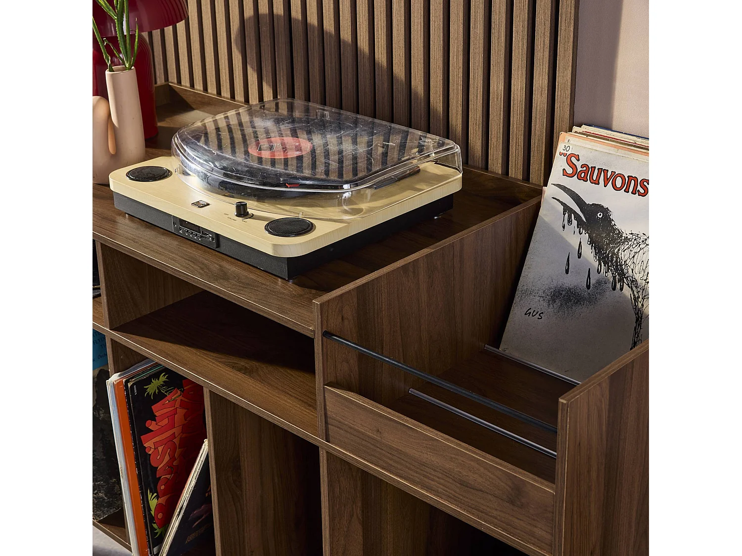 Mueble de vinilos xl vintage efecto madera oscura, 130cm madera oscura