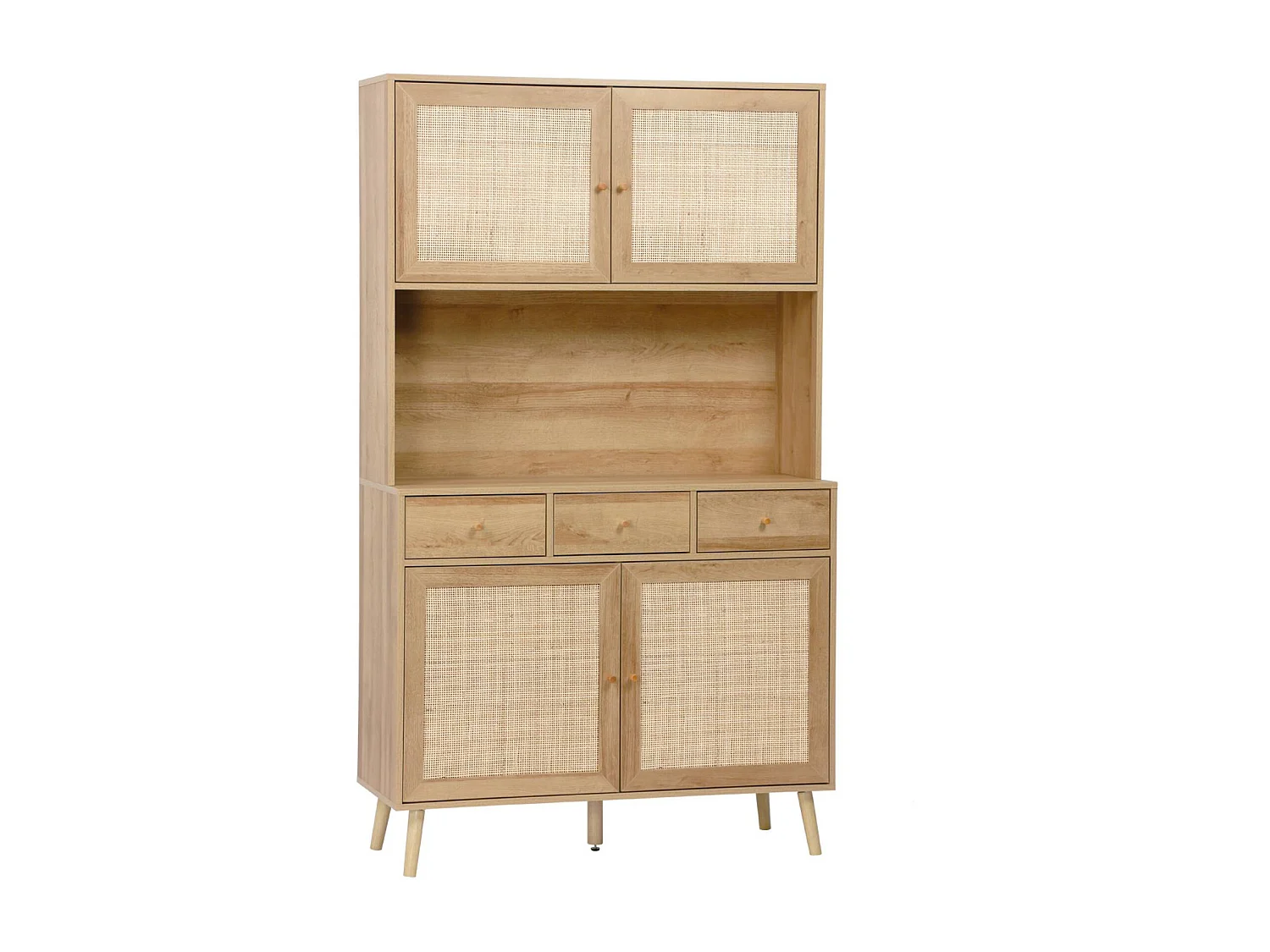 Buffet de cuisine BOHEME décor bois et cannage 4 portes 3 tiroirs 110 cm. Naturel. pieds en bois de pin revêtement papier