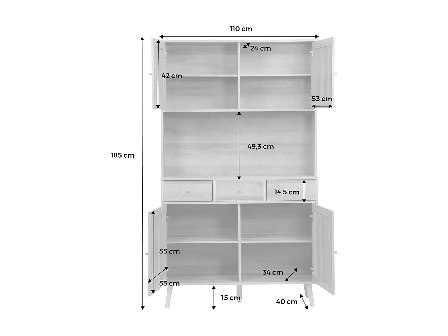 Buffet de cuisine BOHEME décor bois et cannage 4 portes 3 tiroirs 110 cm. Naturel. pieds en bois de pin revêtement papier