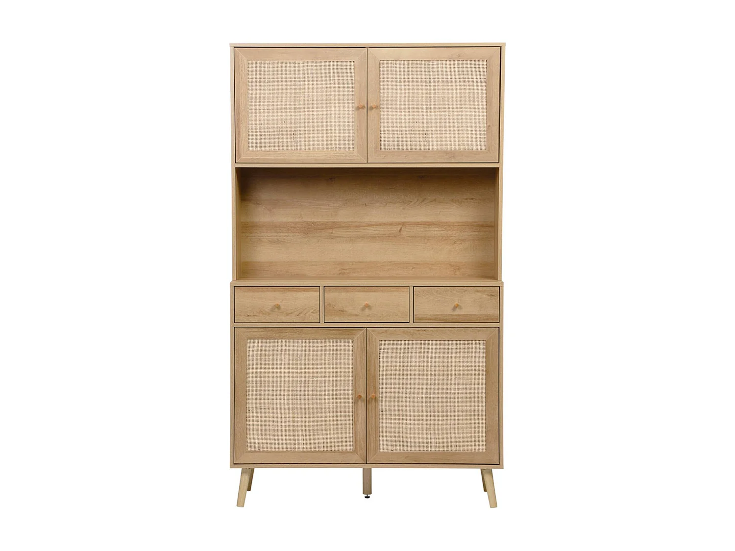 Buffet de cuisine BOHEME décor bois et cannage 4 portes 3 tiroirs 110 cm. Naturel. pieds en bois de pin revêtement papier