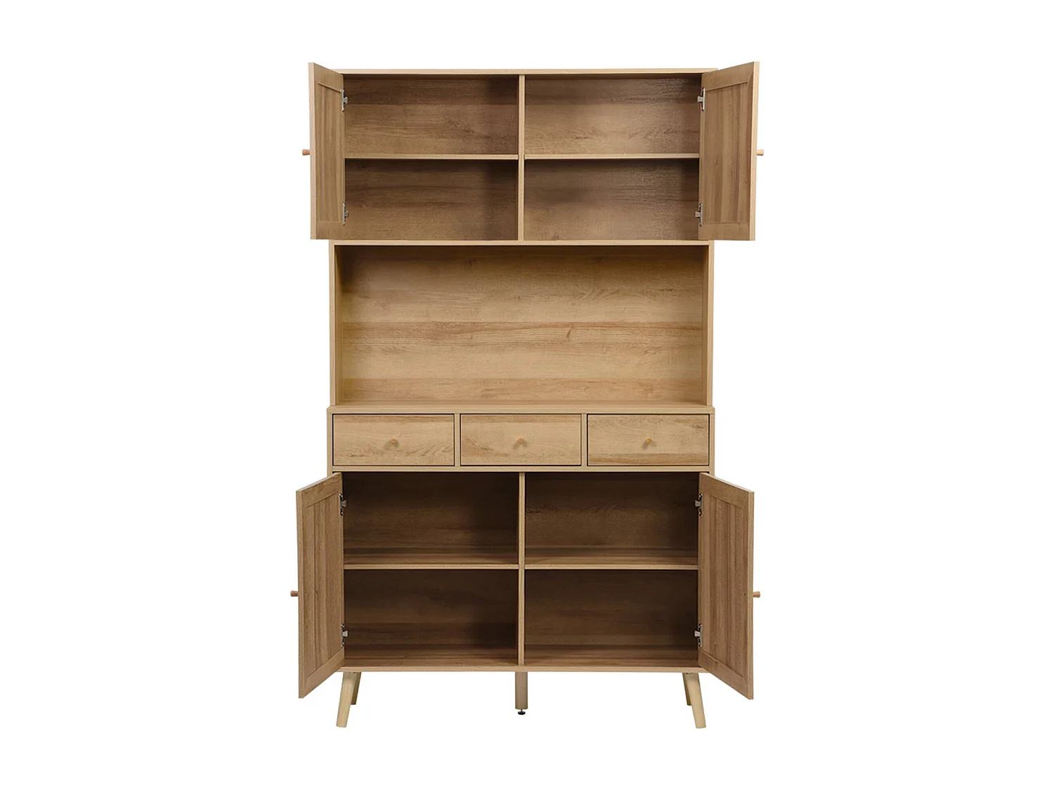 Buffet de cuisine BOHEME décor bois et cannage 4 portes 3 tiroirs 110 cm. Naturel. pieds en bois de pin revêtement papier