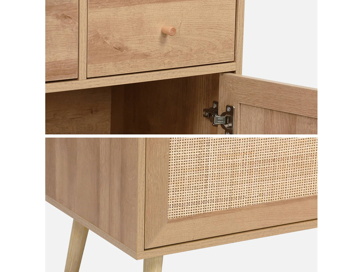 Buffet de cuisine BOHEME décor bois et cannage 4 portes 3 tiroirs 110 cm. Naturel. pieds en bois de pin revêtement papier