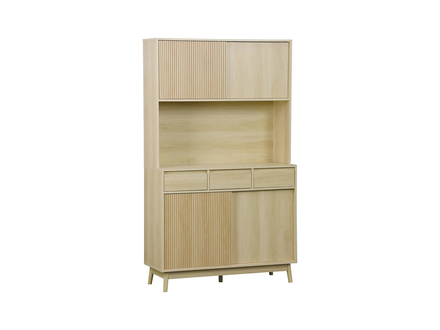 Buffet de cuisine LINEAR décor bois 4 portes 3 tiroirs 110 cm. Naturel. pieds en bois de pain revêtement papier