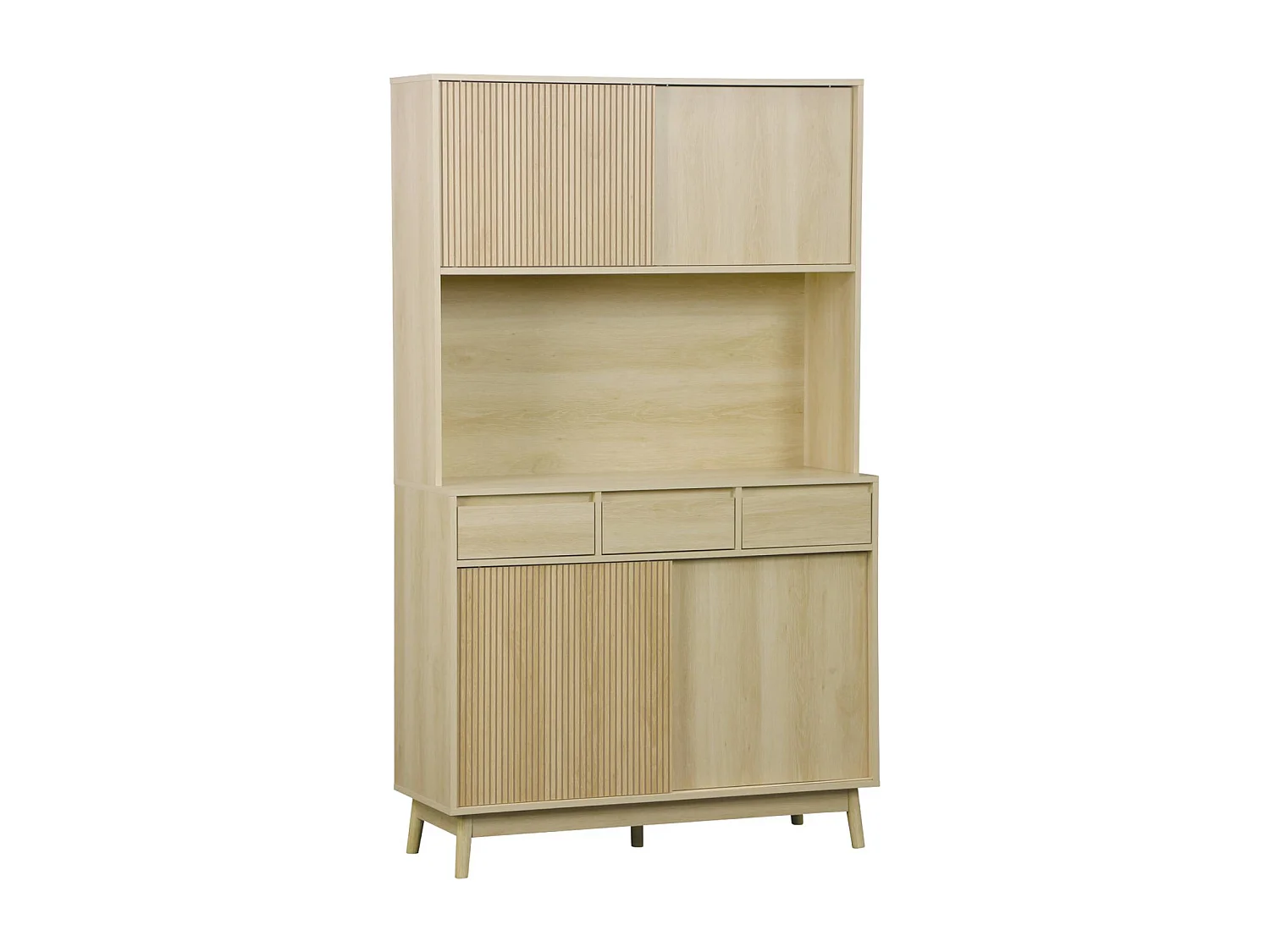 Buffet de cuisine LINEAR décor bois 4 portes 3 tiroirs 110 cm. Naturel. pieds en bois de pain revêtement papier