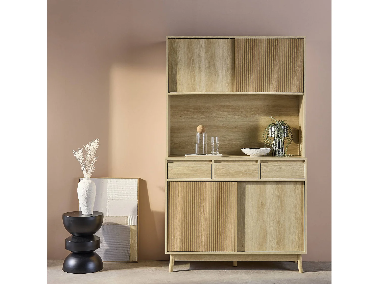 Buffet de cuisine LINEAR décor bois 4 portes 3 tiroirs 110 cm. Naturel. pieds en bois de pain revêtement papier