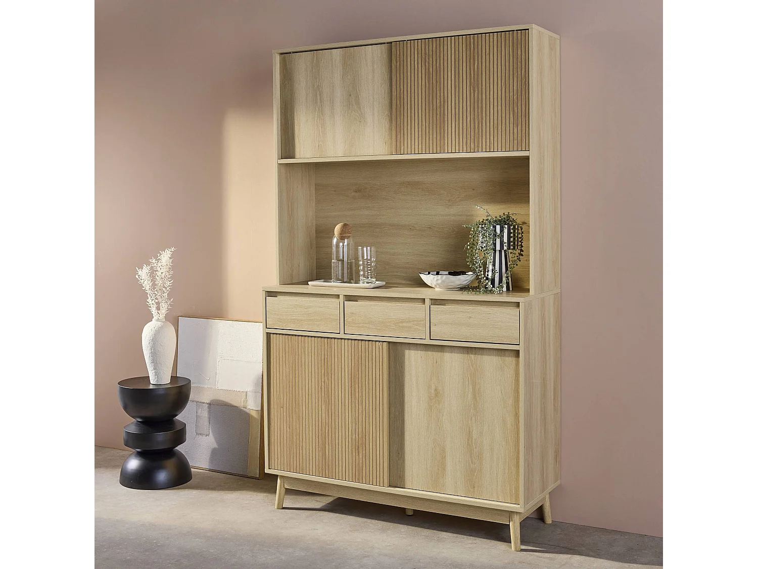 Buffet de cuisine LINEAR décor bois 4 portes 3 tiroirs 110 cm. Naturel. pieds en bois de pain revêtement papier