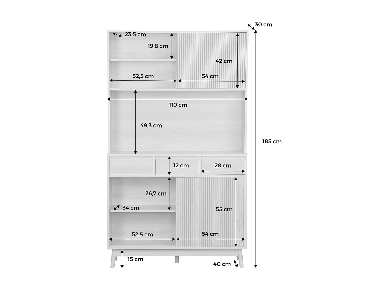 Buffet de cuisine LINEAR décor bois 4 portes 3 tiroirs 110 cm. Naturel. pieds en bois de pain revêtement papier
