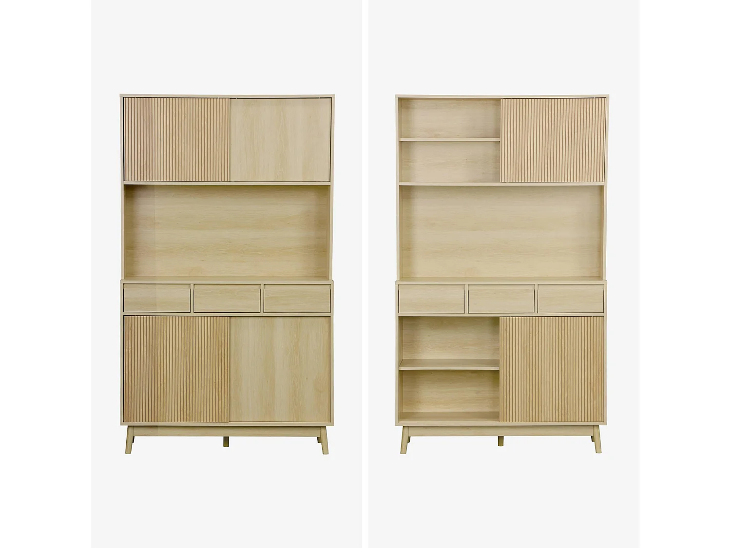 Buffet de cuisine LINEAR décor bois 4 portes 3 tiroirs 110 cm. Naturel. pieds en bois de pain revêtement papier