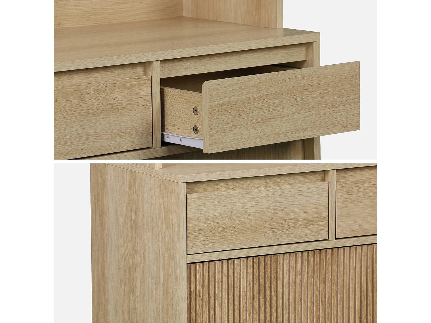 Buffet de cuisine LINEAR décor bois 4 portes 3 tiroirs 110 cm. Naturel. pieds en bois de pain revêtement papier