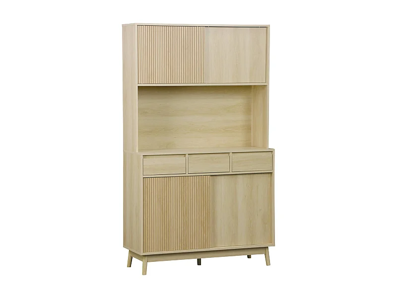 Buffet de cuisine LINEAR décor bois 4 portes 3 tiroirs 110 cm. Naturel. pieds en bois de pain revêtement papier