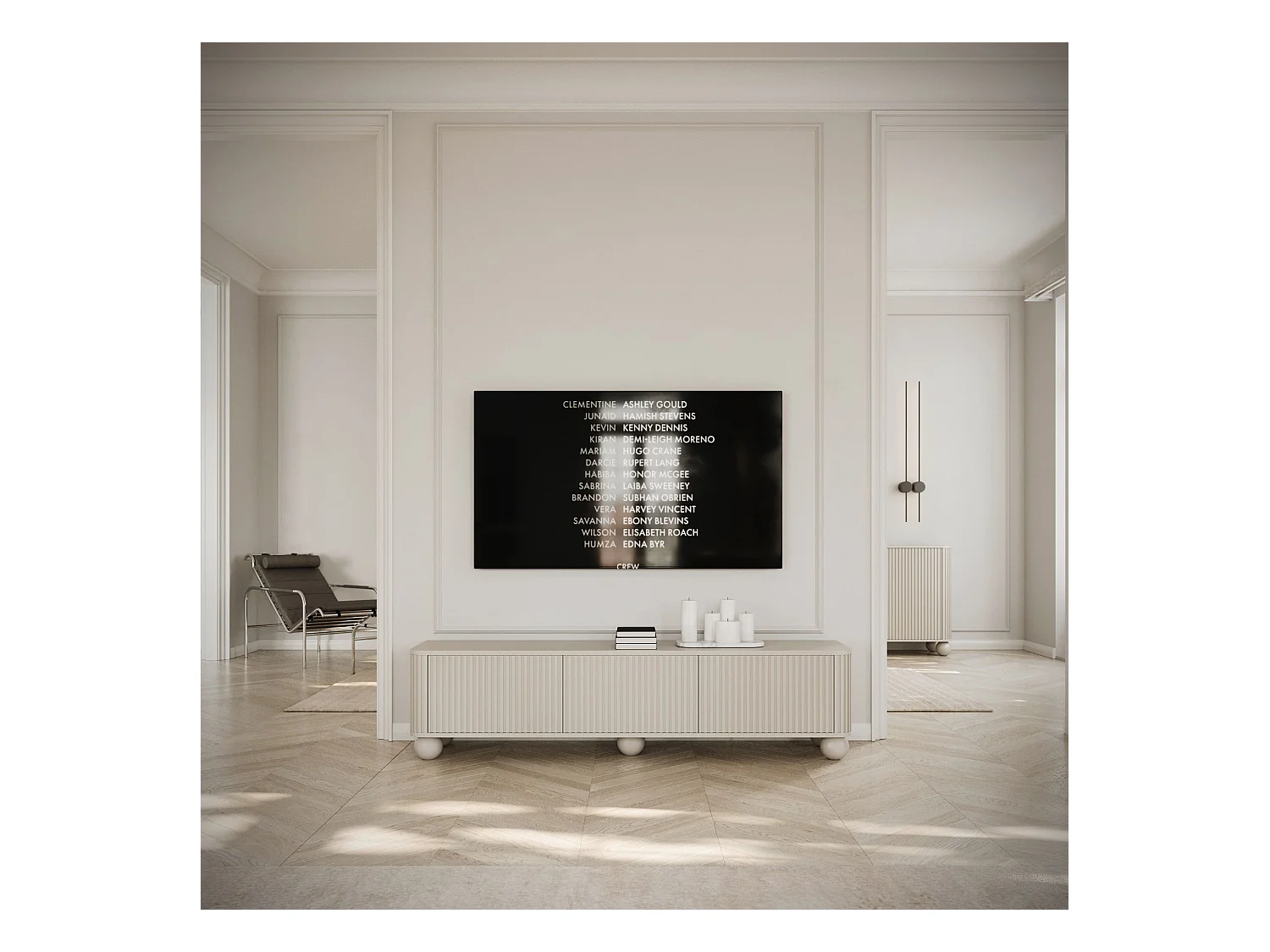 Meuble TV 3 portes sur pieds boule - 163 cm - greige - ARVELLO