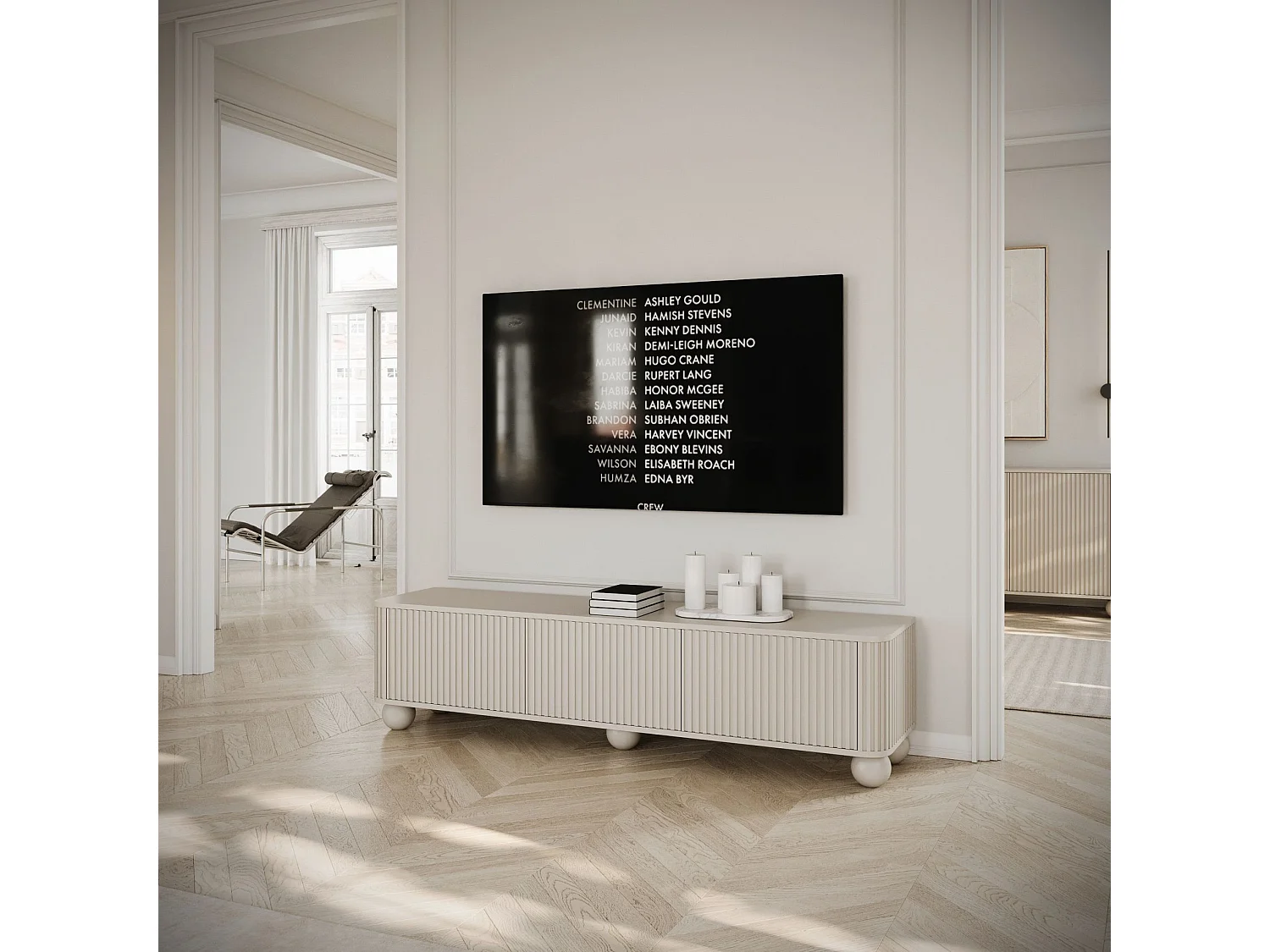 Meuble TV 3 portes sur pieds boule - 163 cm - greige - ARVELLO