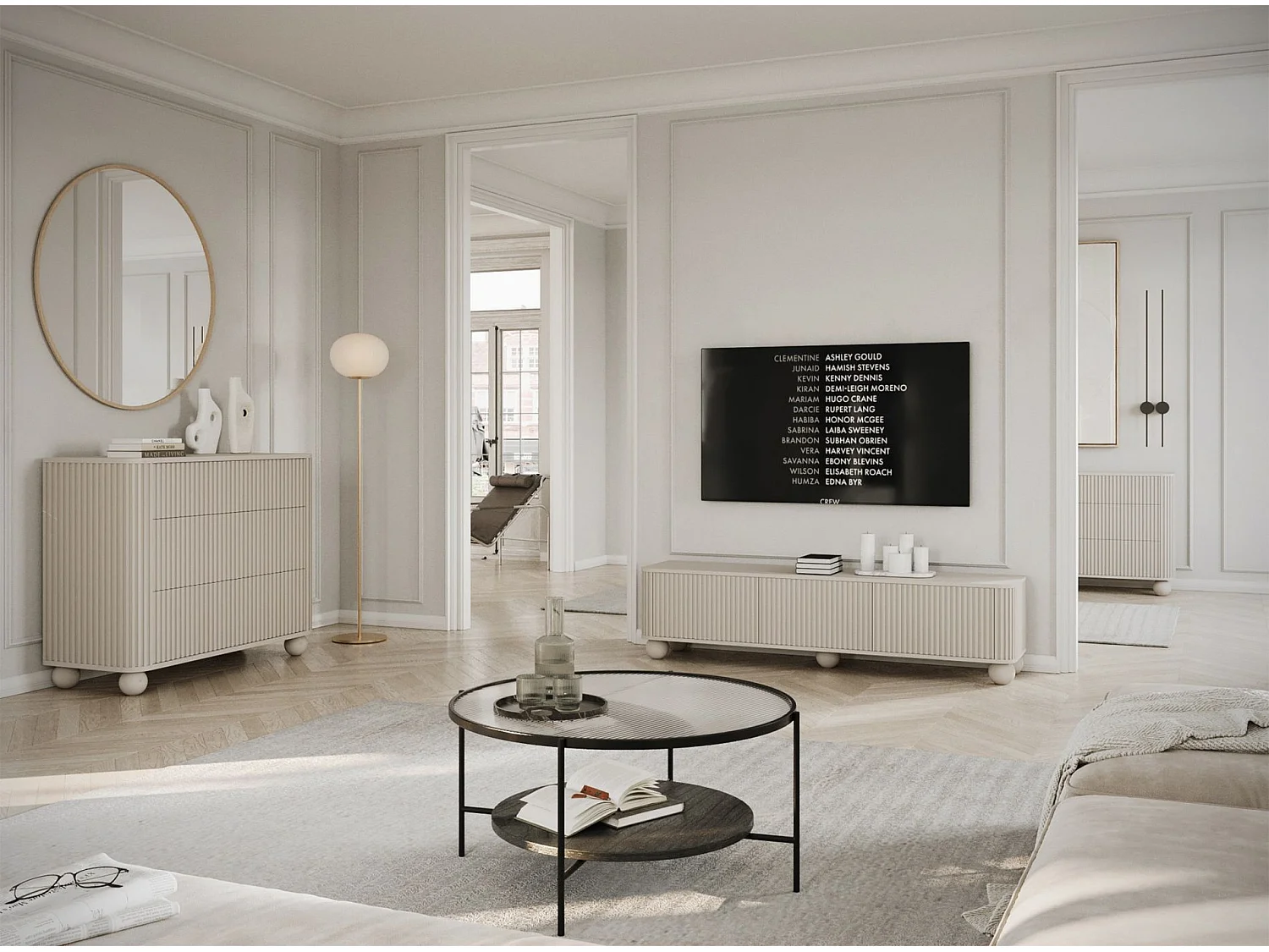 Meuble TV 3 portes sur pieds boule - 163 cm - greige - ARVELLO