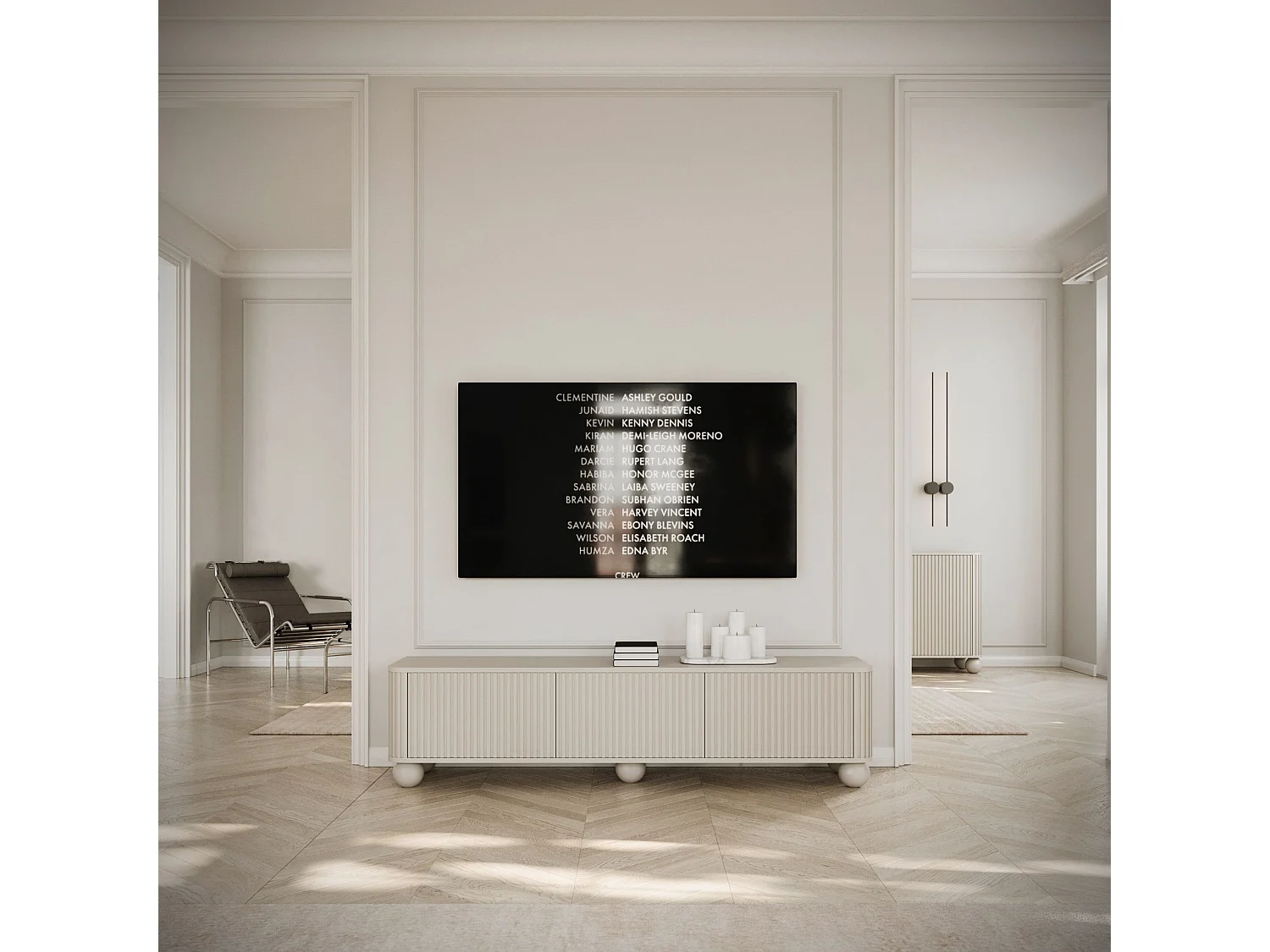 Meuble TV 3 portes sur pieds boule - 163 cm - greige - ARVELLO