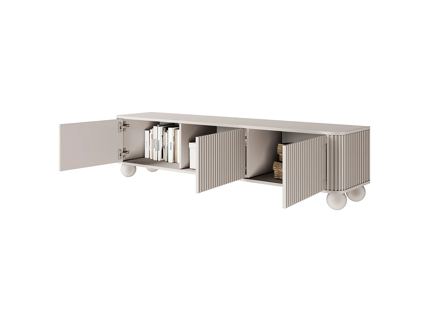 Meuble TV 3 portes sur pieds boule - 163 cm - greige - ARVELLO