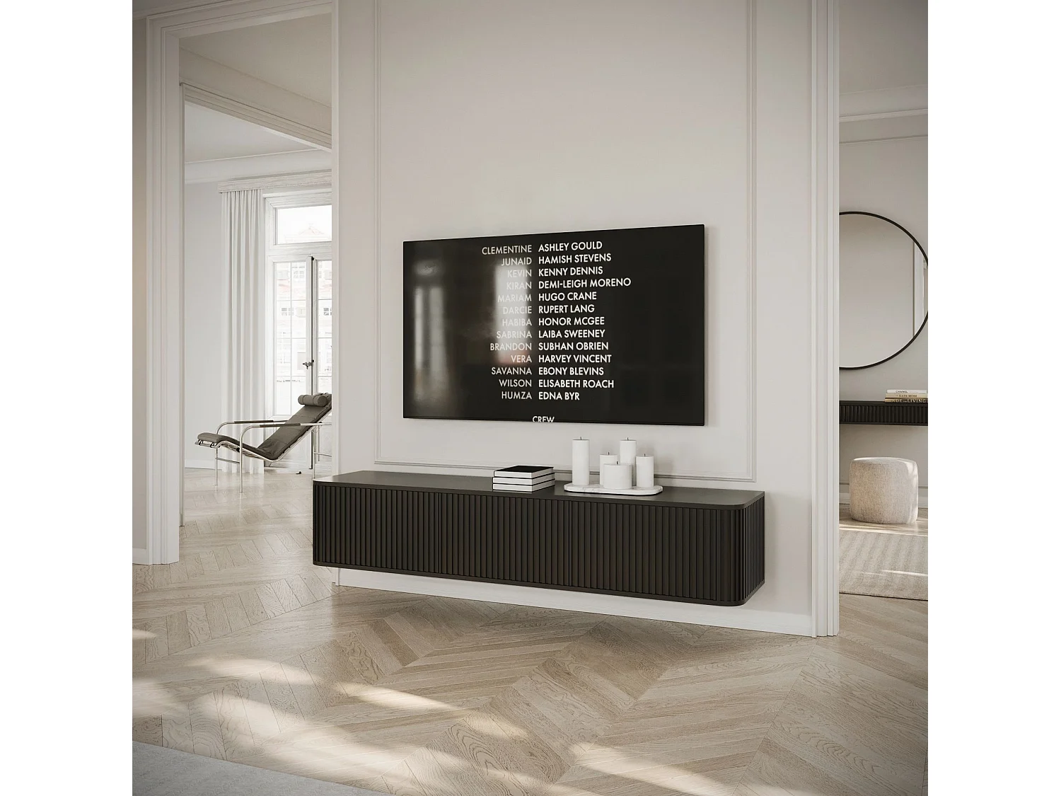 Meuble TV 3 portes -suspendu - 163 cm - noir- OVARLO