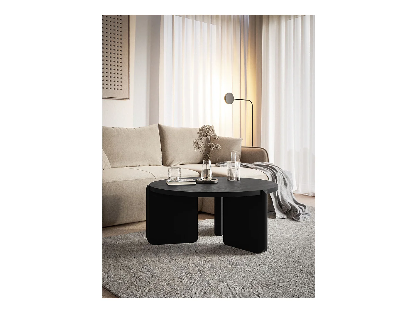Runder Couchtisch - Holzoptik Esche Schwarz-Grau - 80 cm - PREFFINES S