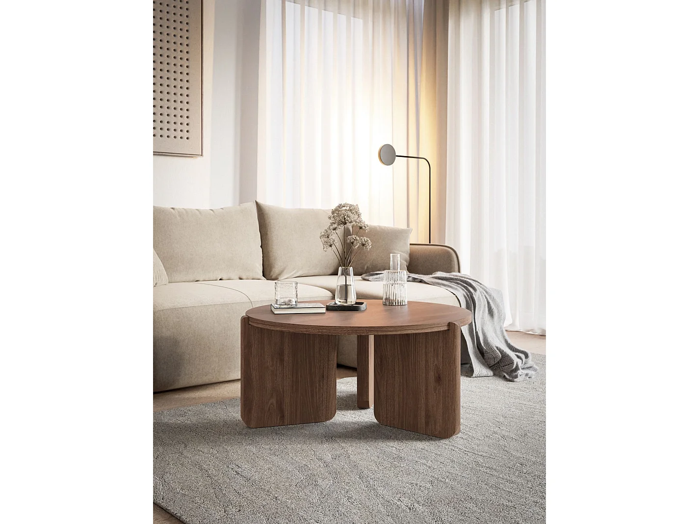 Table basse ronde - 80 cm - couleur noyer - PREFFINES