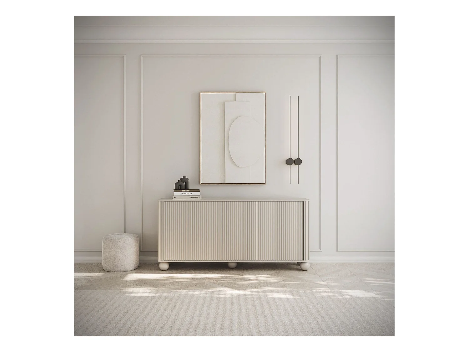 Sideboard 3-türig - gerillt auf Kugelfüßen - greige - 163 cm - ARVELLO