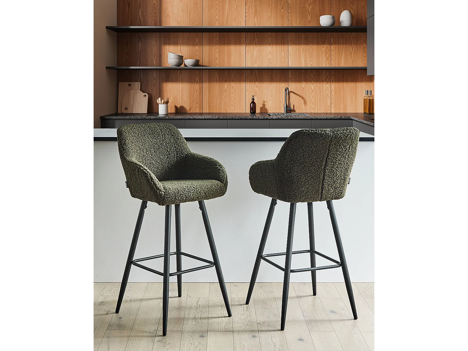 Lot de 2 chaises de bar CASMALIA Bouclé Vert foncé