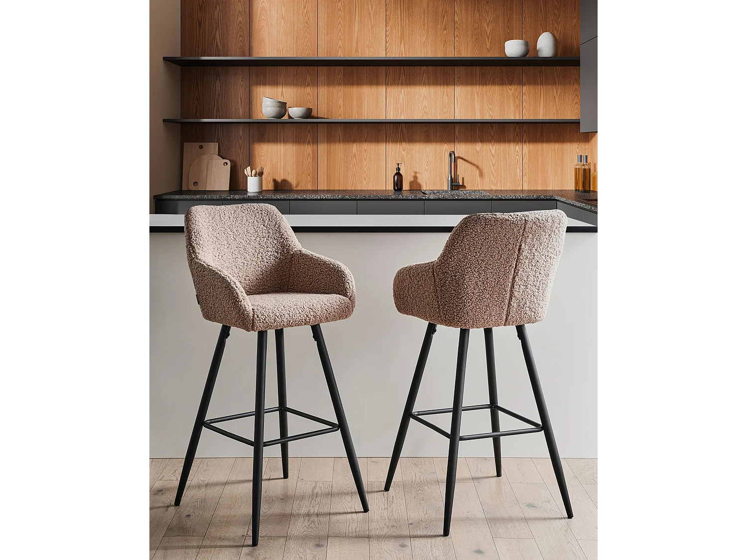 Lot de 2 chaises de bar CASMALIA Bouclé Taupe