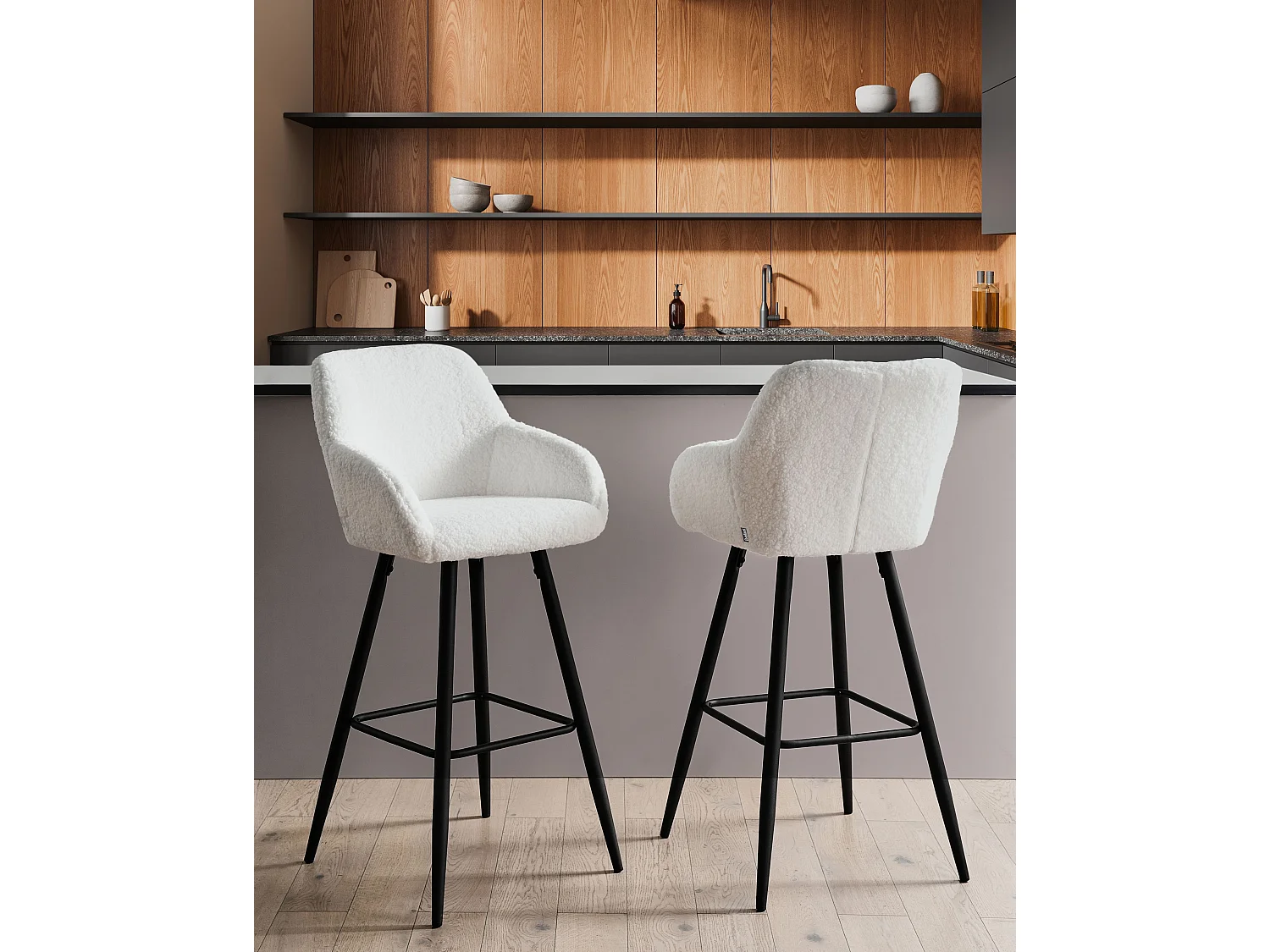 Lot de 2 chaises de bar CASMALIA Bouclé Blanc cassé