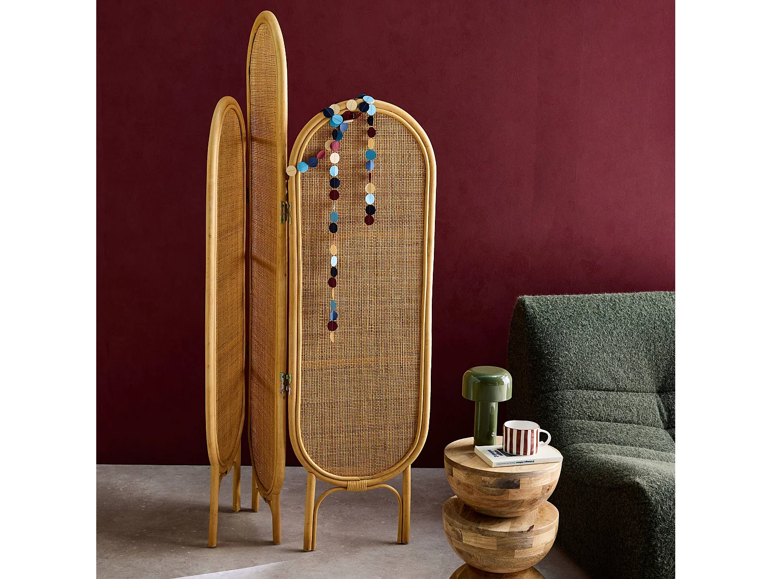 Biombo plegable interior de ratán y rejilla natural