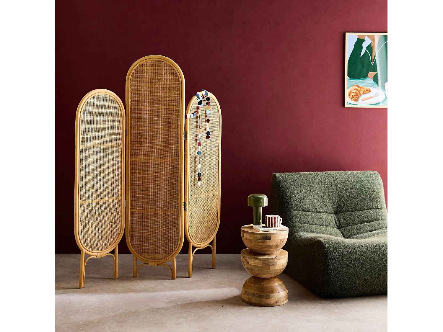 Paravent pliable intérieur en rotin et cannage. bois naturel. vintage