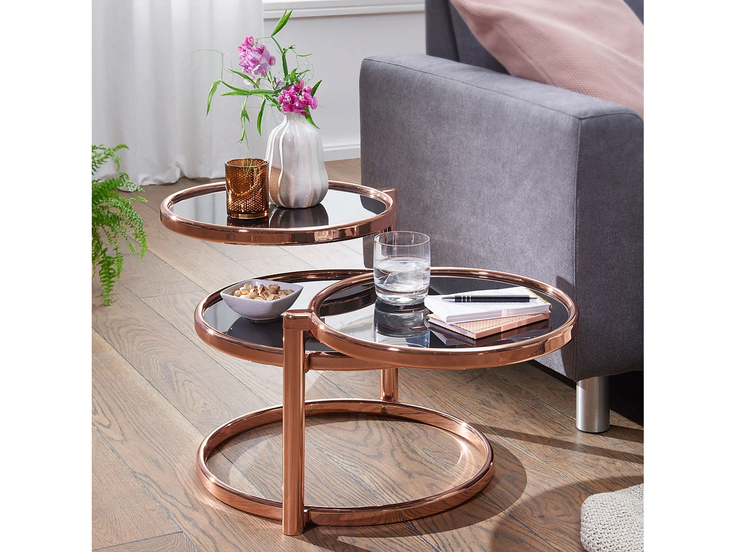 salontafel SUSI met 3 tafelbladen zwart / koper 58 x 43 x 58 cm | Bijzettafel rond