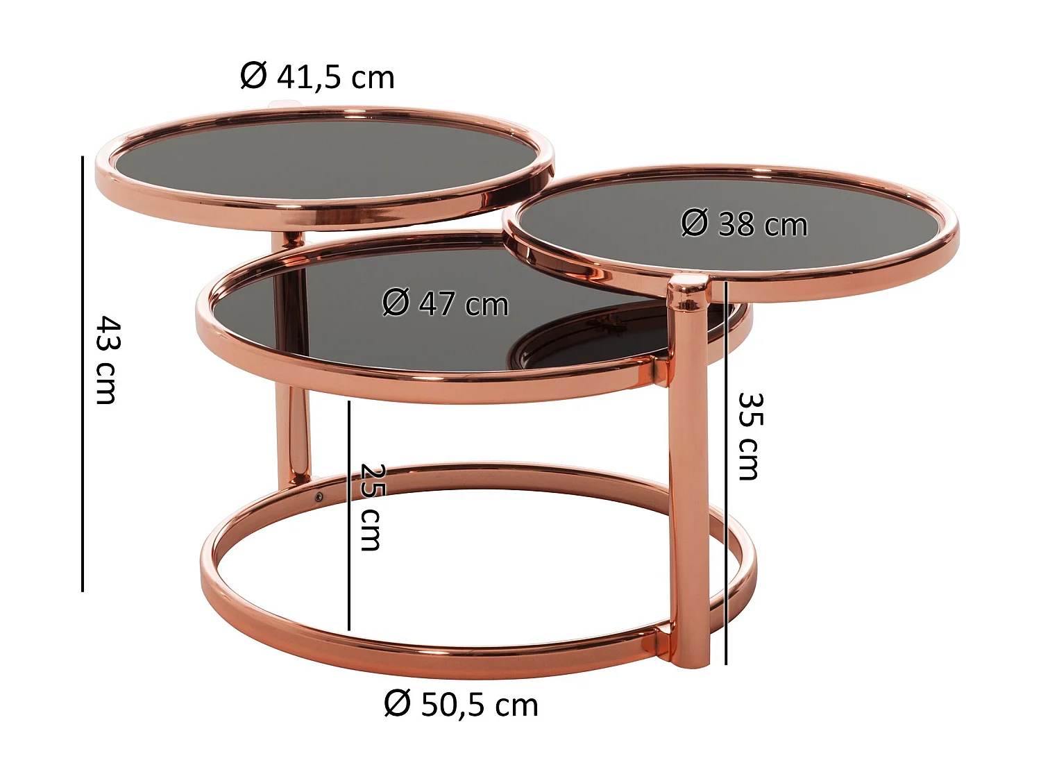 salontafel SUSI met 3 tafelbladen zwart / koper 58 x 43 x 58 cm | Bijzettafel rond