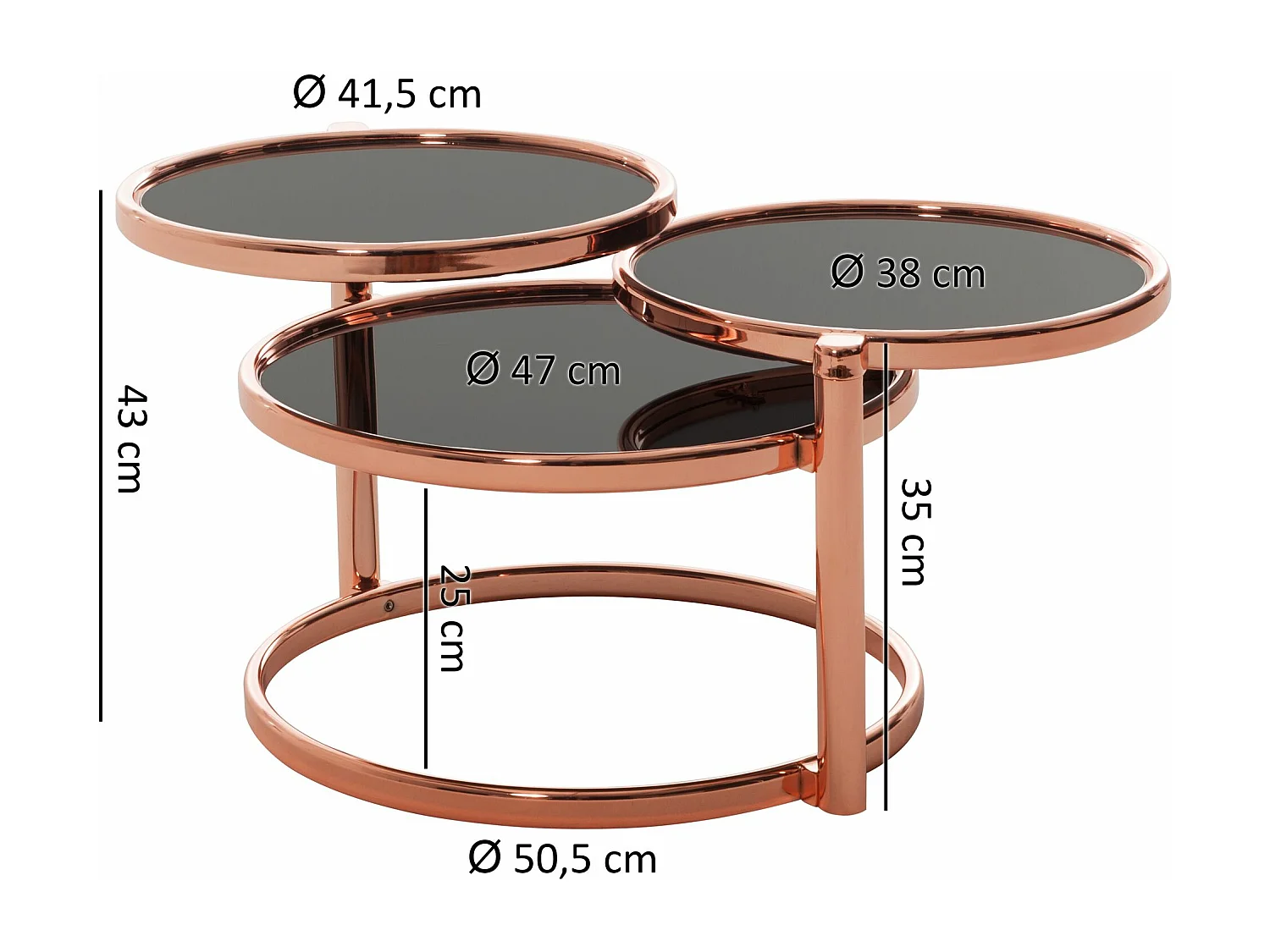 salontafel SUSI met 3 tafelbladen zwart / koper 58 x 43 x 58 cm | Bijzettafel rond