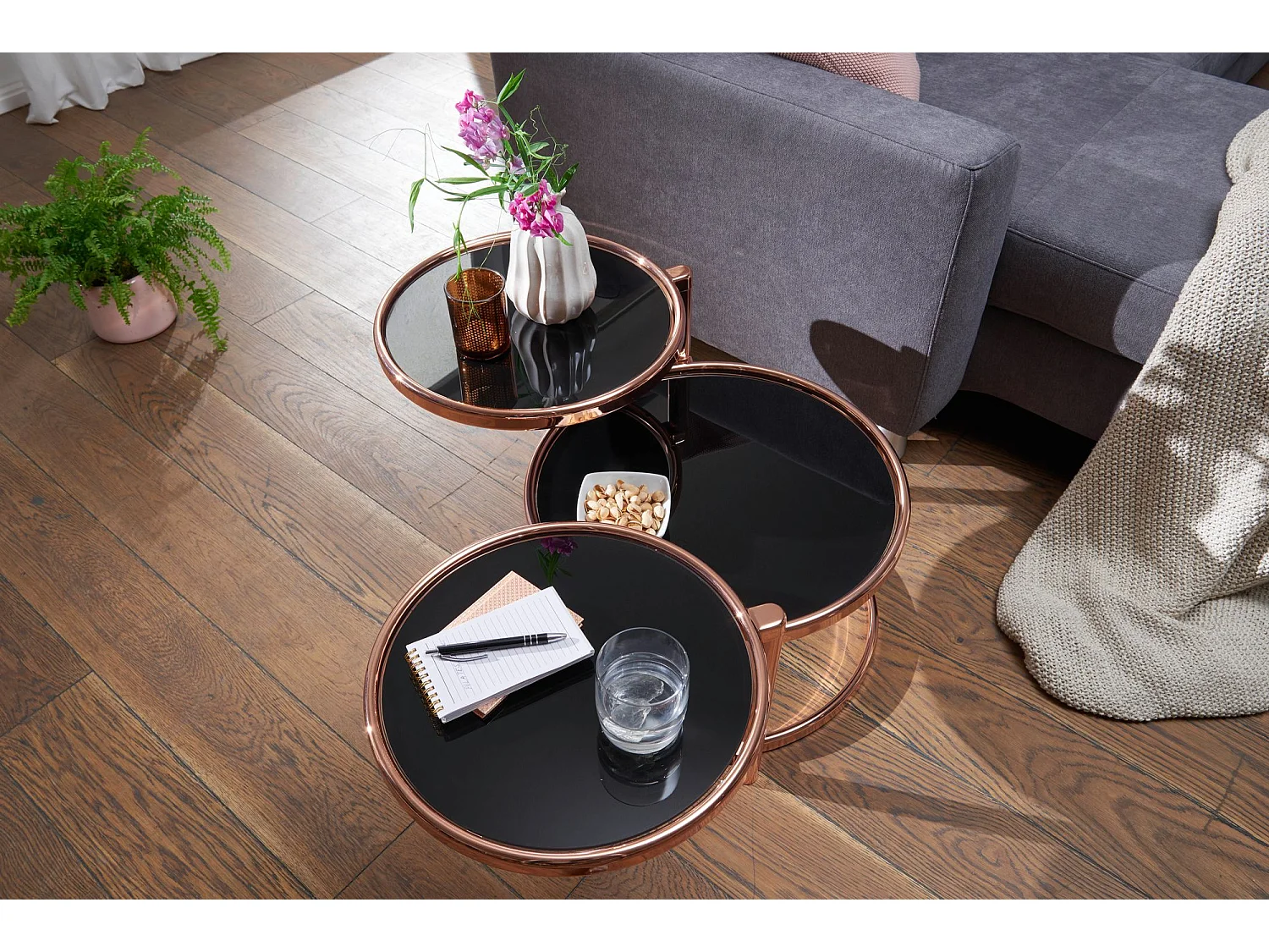 salontafel SUSI met 3 tafelbladen zwart / koper 58 x 43 x 58 cm | Bijzettafel rond