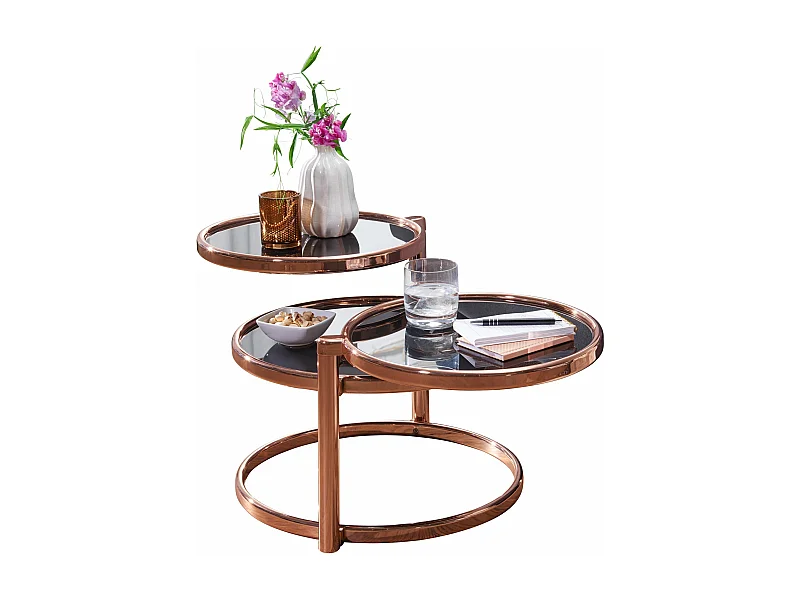salontafel SUSI met 3 tafelbladen zwart / koper 58 x 43 x 58 cm | Bijzettafel rond