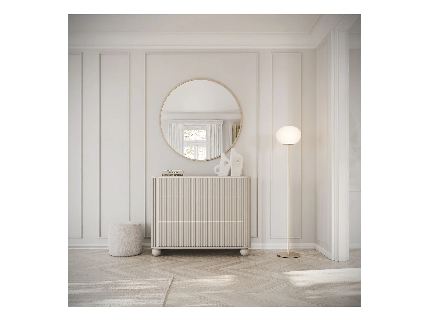 Buffet 3 tiroirs - 93 cm - grège sur pieds - ARVELLO