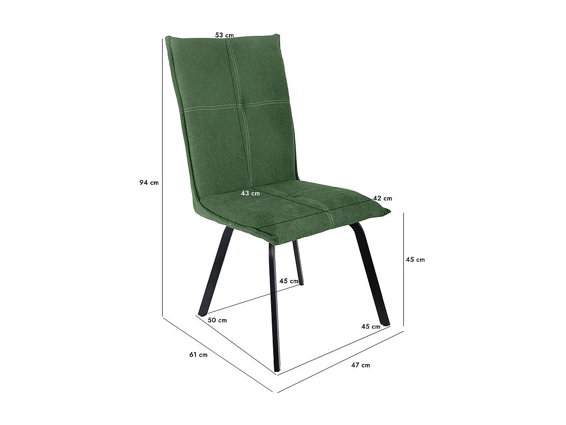 Lot 2 chaises en tissu surpiqué vert et pieds métal noir – ARIA 2