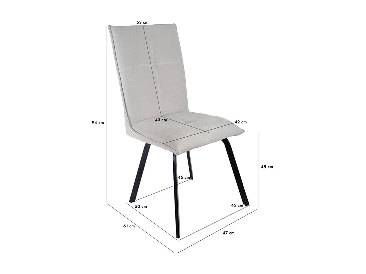 Lot 2 chaises tissu surpiqué gris clair pieds métal noir – ARIA 2