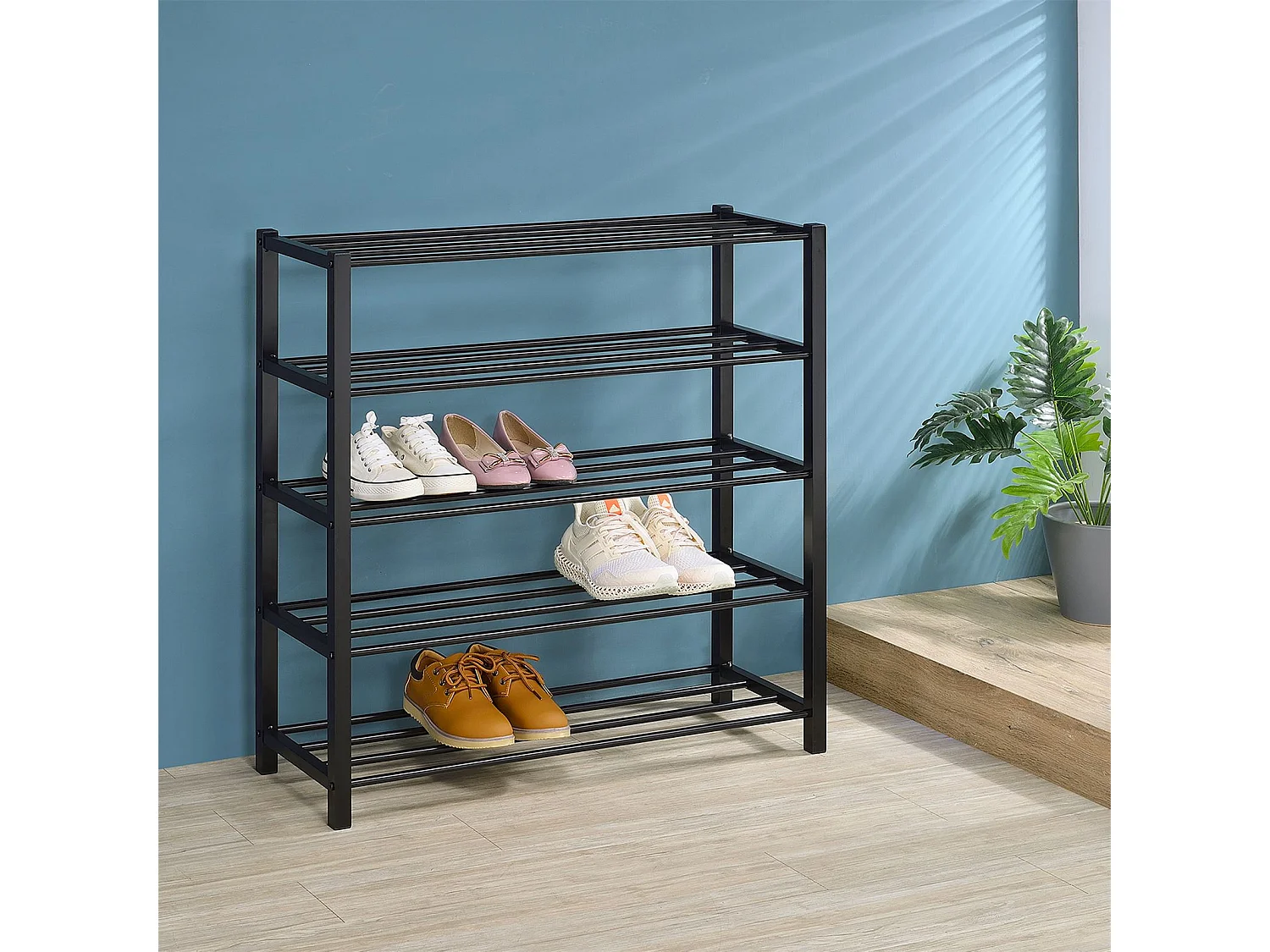 Étagère à chaussures NAVAN rangement porte-chaussures avec 5 niveaux en métal laqué noir pour 20 paires de chaussures