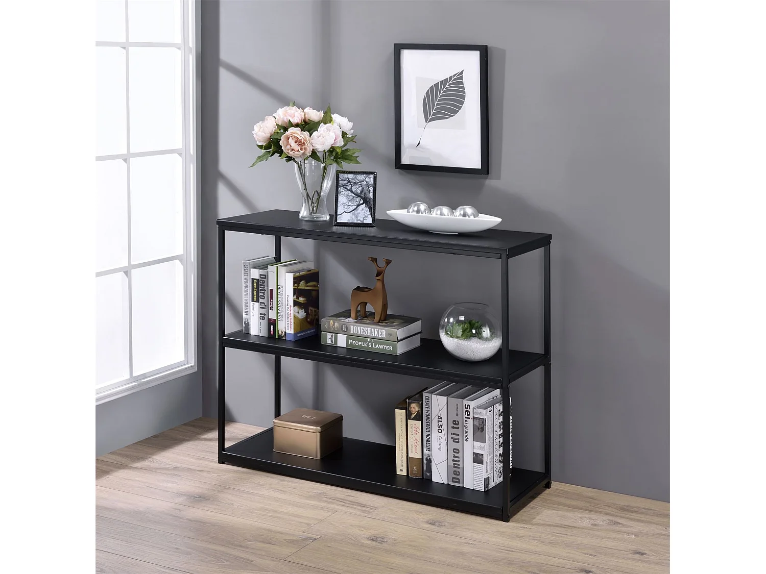 Etagère de rangement SENDAI en métal noir et 3 tablettes en MDF noir, étagère au sol dim 100x81x35 cm, meuble style moderne