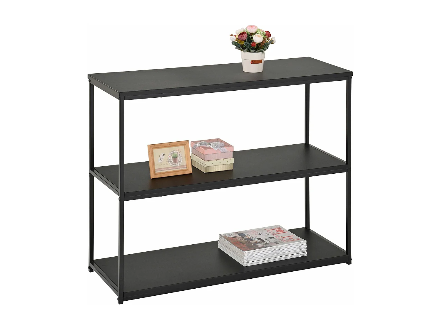 Etagère de rangement SENDAI en métal noir et 3 tablettes en MDF noir, étagère au sol dim 100x81x35 cm, meuble style moderne