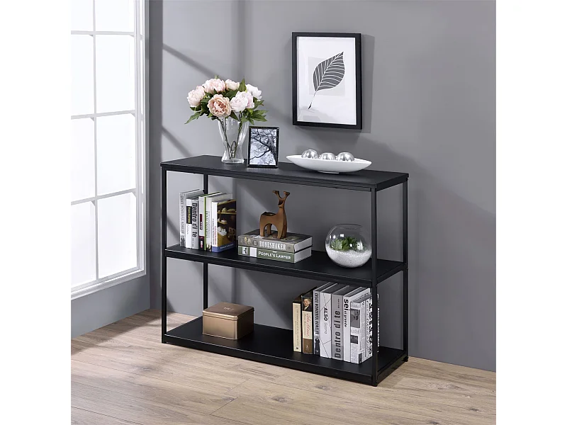 Etagère de rangement SENDAI en métal noir et 3 tablettes en MDF noir, étagère au sol dim 100x81x35 cm, meuble style moderne