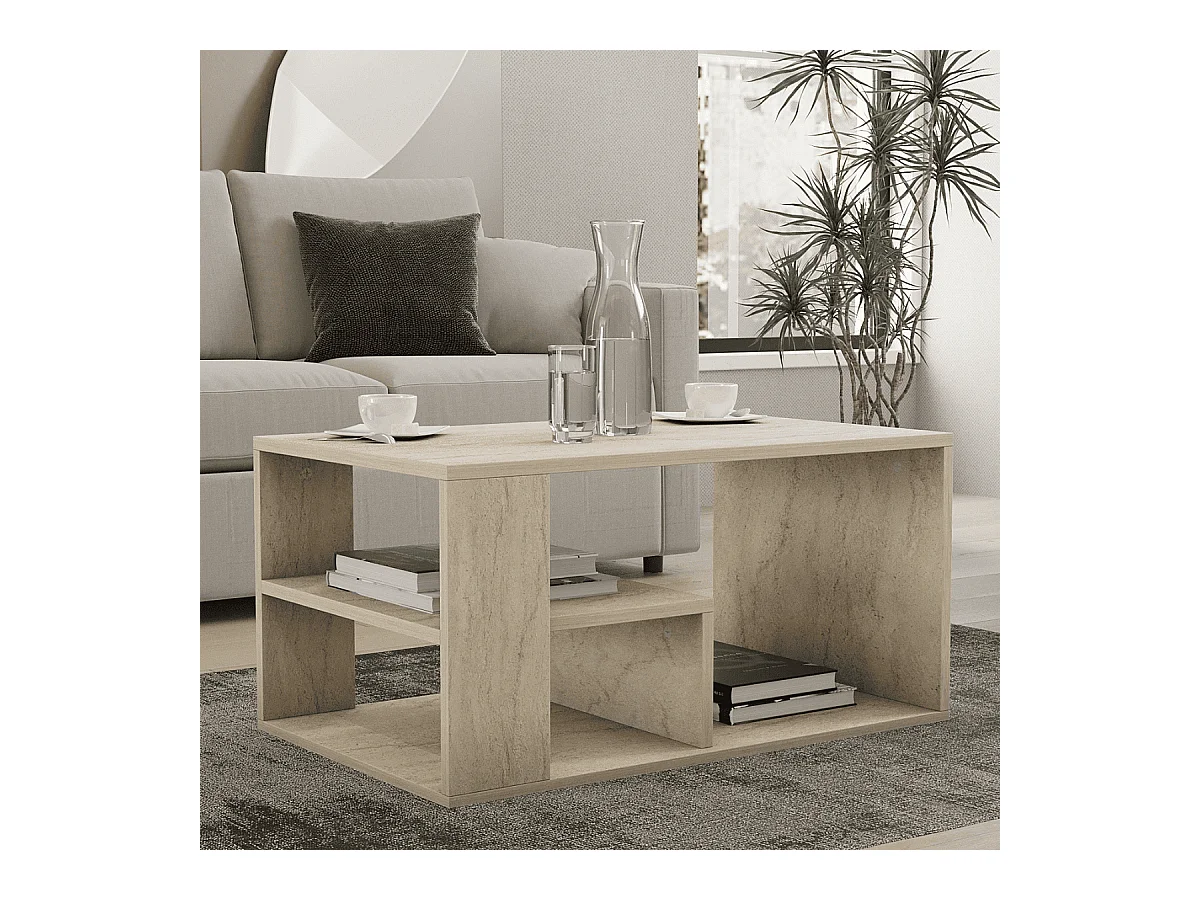 Table basse avec étagères décor travertin L80 cm - EROS