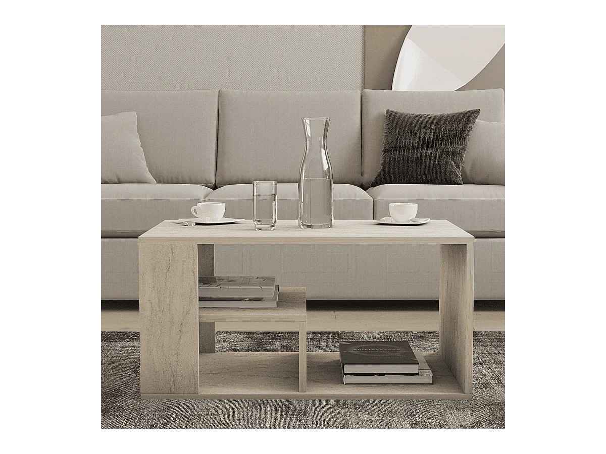 Table basse avec étagères décor travertin L80 cm - EROS